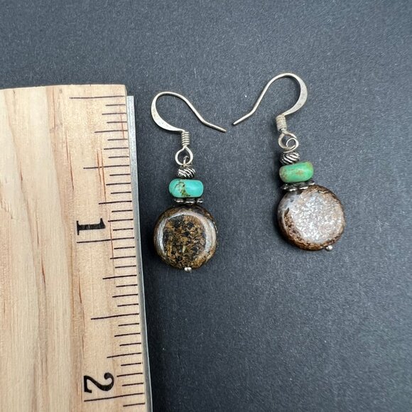 Brown Stone Dangle Pierced Earrings Green Stone Accent Silver Tone Drop - Picture 6 of 8